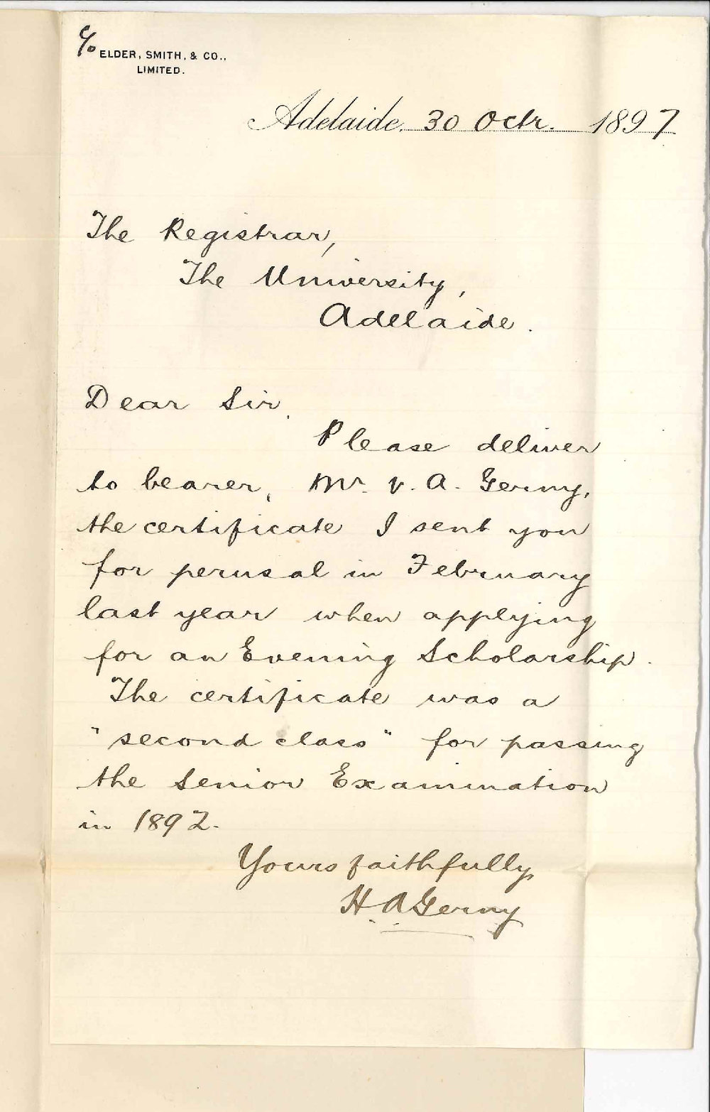 Hermann Albert Gerny - Adelaide - Asking for return of 2nd Class Senior Public Certificate