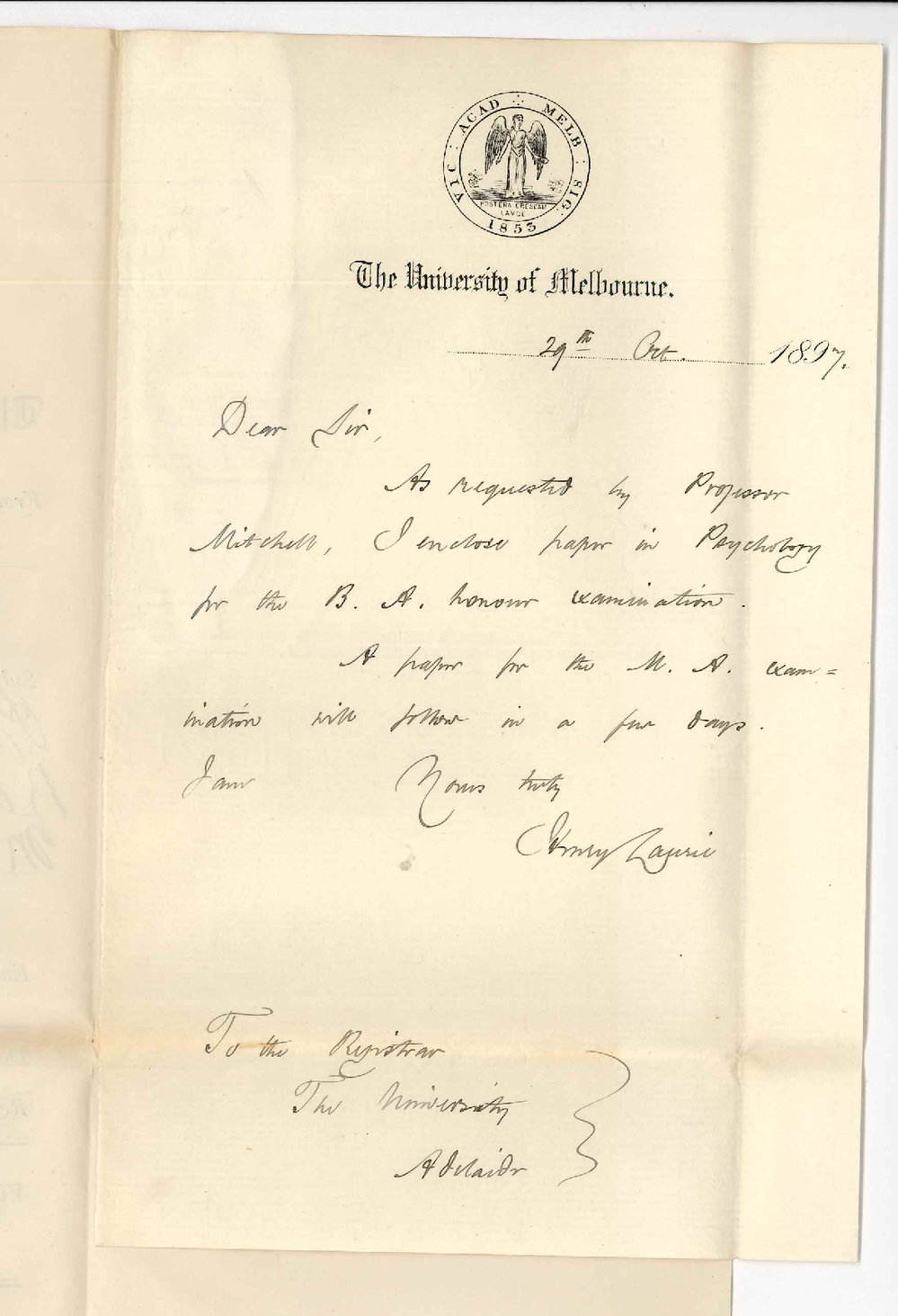 Henry Laurie - The University of Melbourne - Advising dispatch of Psychology Paper for BA Exam and stating that MA papers will follow