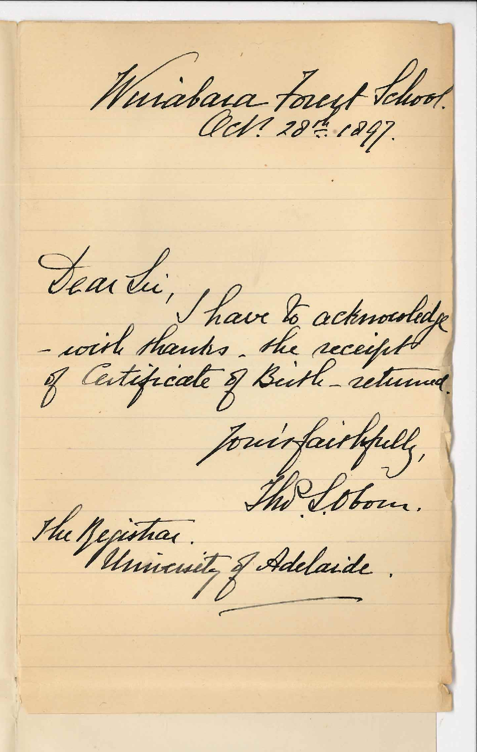 Thomas Symons Oborn - Wirrabara Forest School - Acknowledging return of Certificate of Birth