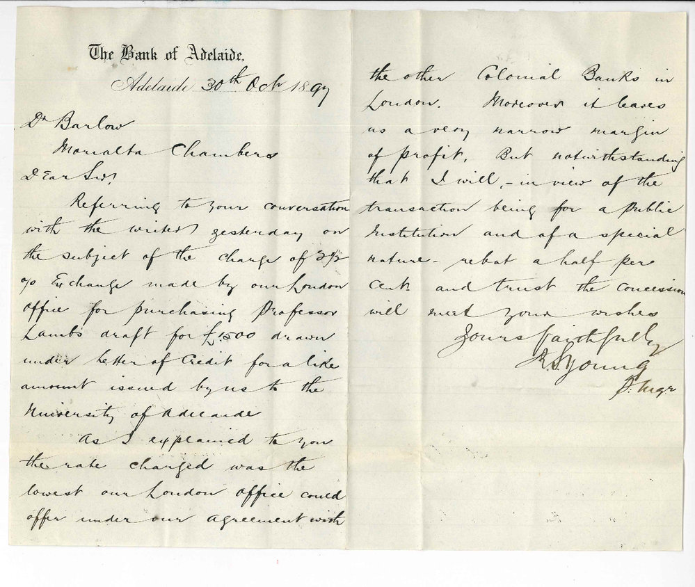 John Shiels - Manager - Bank of Adelaide - Advising that Account is Credited &pound;7-10-0 Concession in Exchange on the &pound;1500 drawn by Professor Lamb