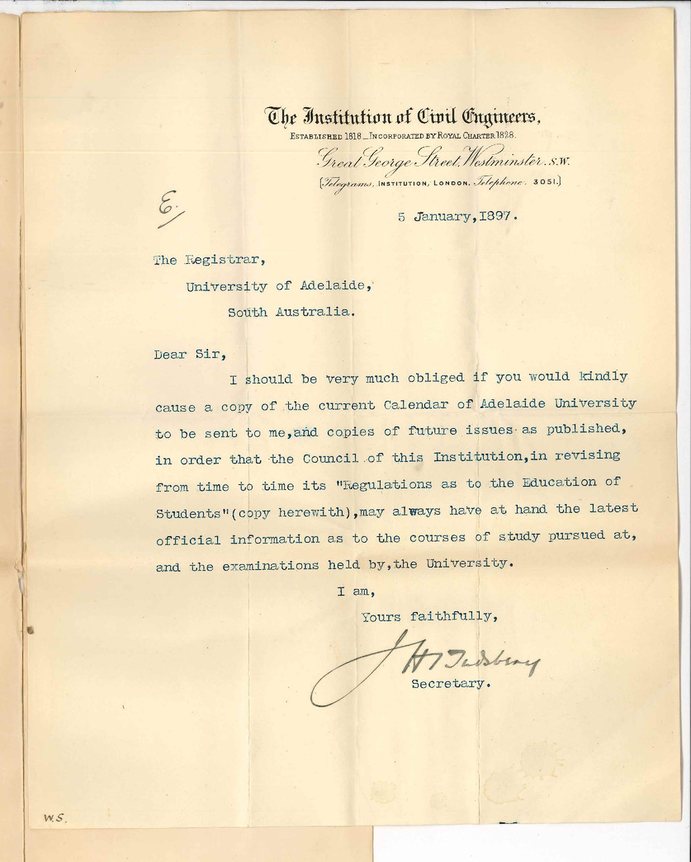 Institution of Civil Engineers - London - Requesting that copy of Calendar be forwarded