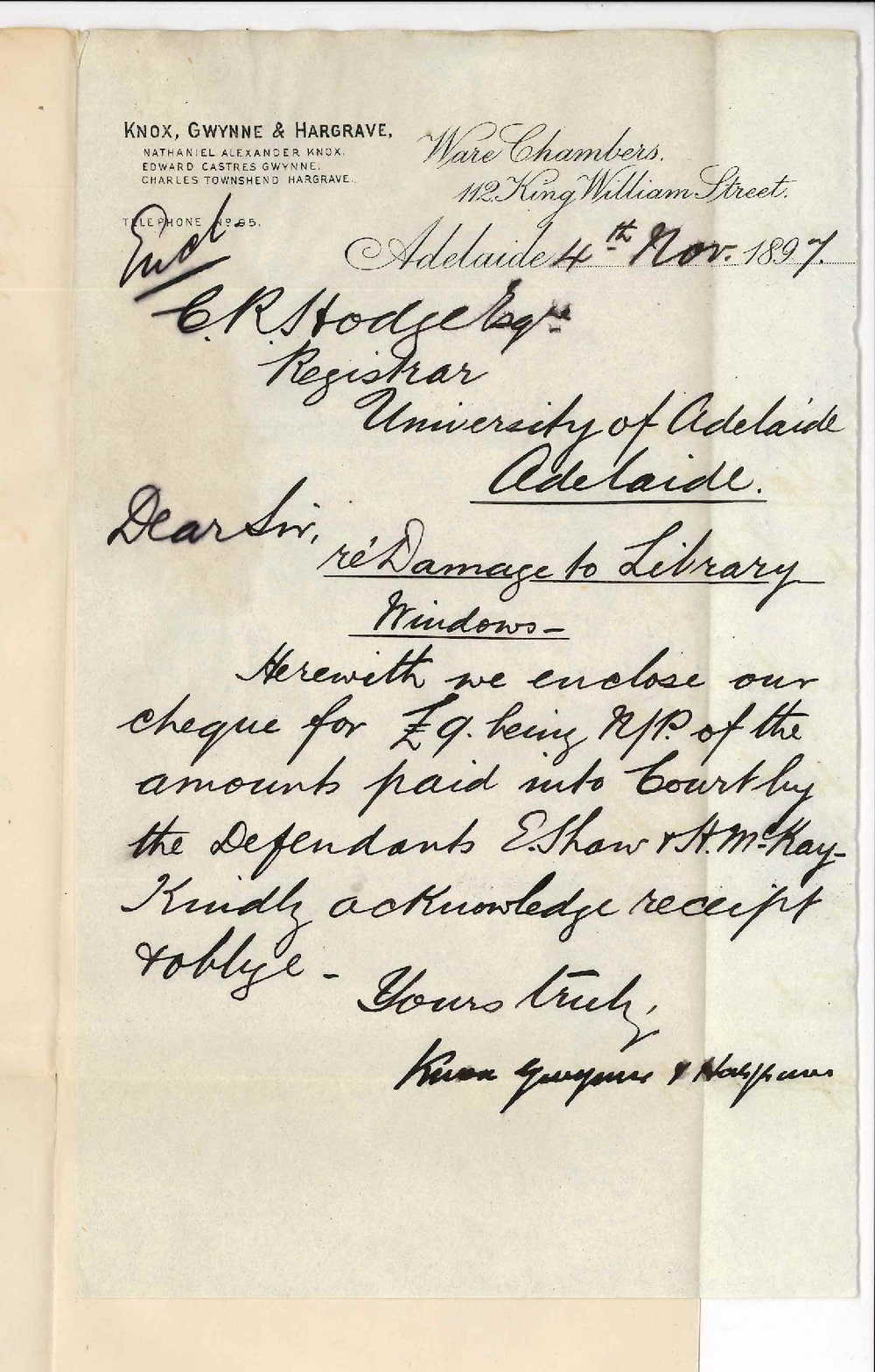 Knox Gwynne and Hargrave - Adelaide - E Shaw and H M Kay payment re Damage to Library Windows