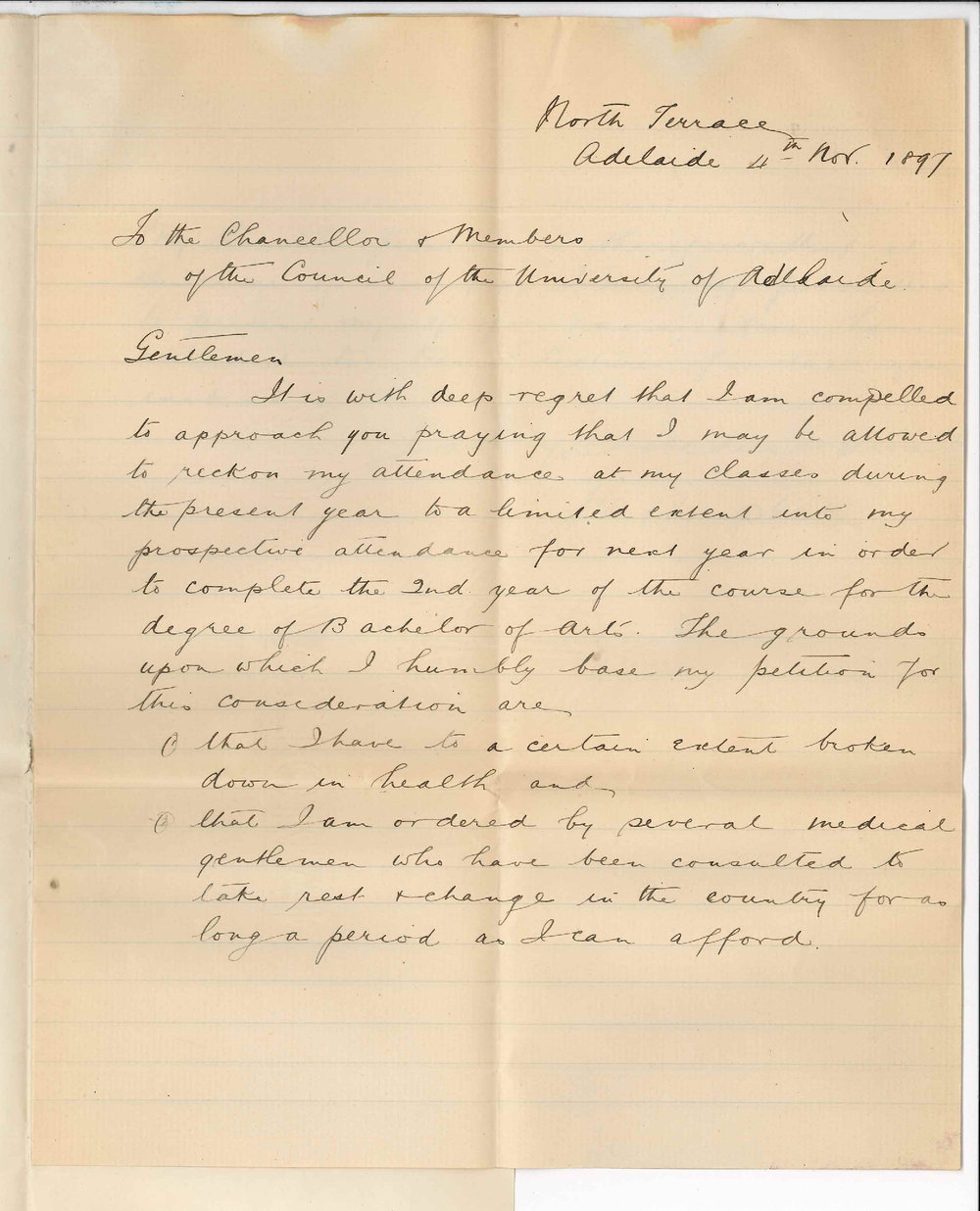 J W Campbell - North Terrace Adelaide - Request for exemption from lectures for one term during next year