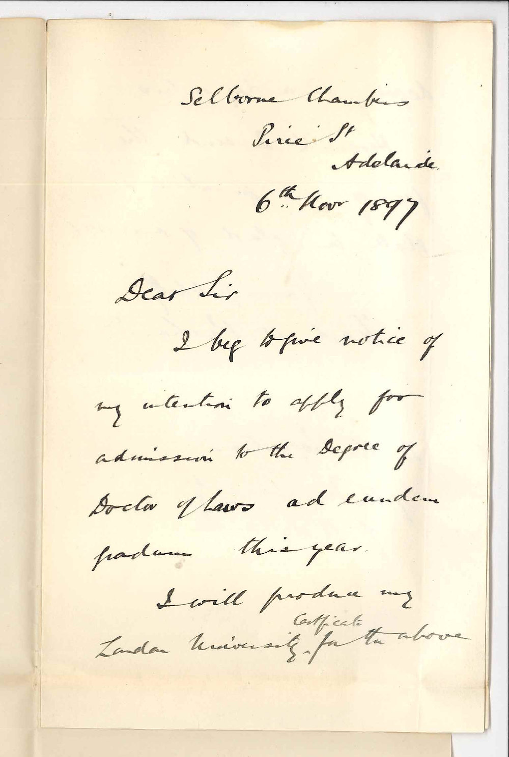 Fred W Richards - Selborne Chambers Pirie Street Adelaide - Application for admission LLD Degree ad eundem gradum