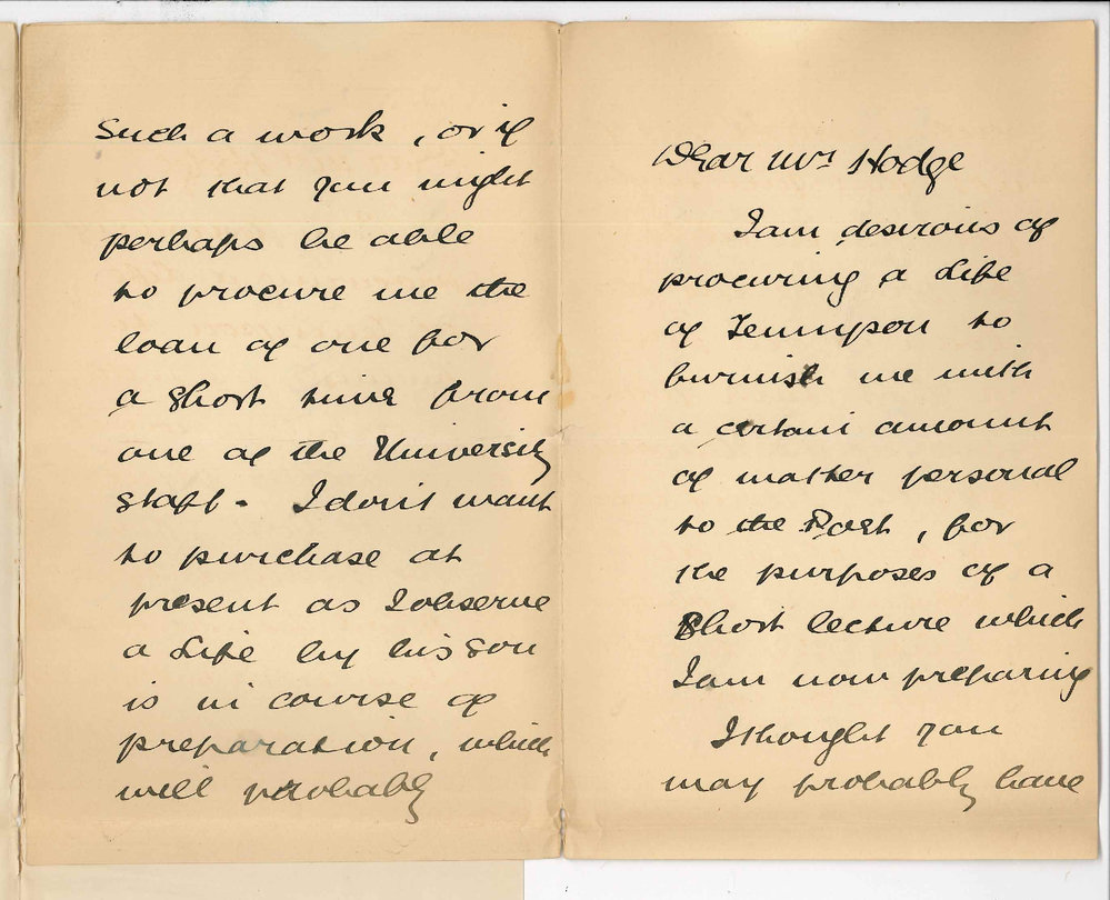 H W Uffindell - Moonta - Asking for loan of Life of Tennyson