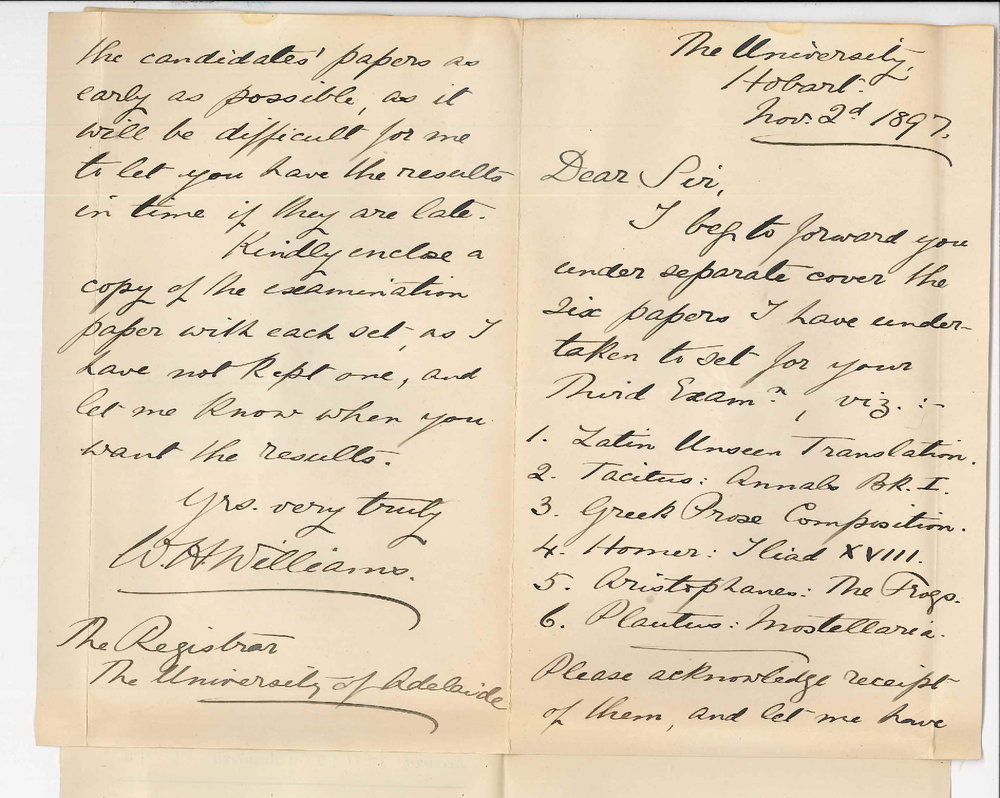 W H Williams - University Hobart - Advising dispatch of Latin and Greek Papers