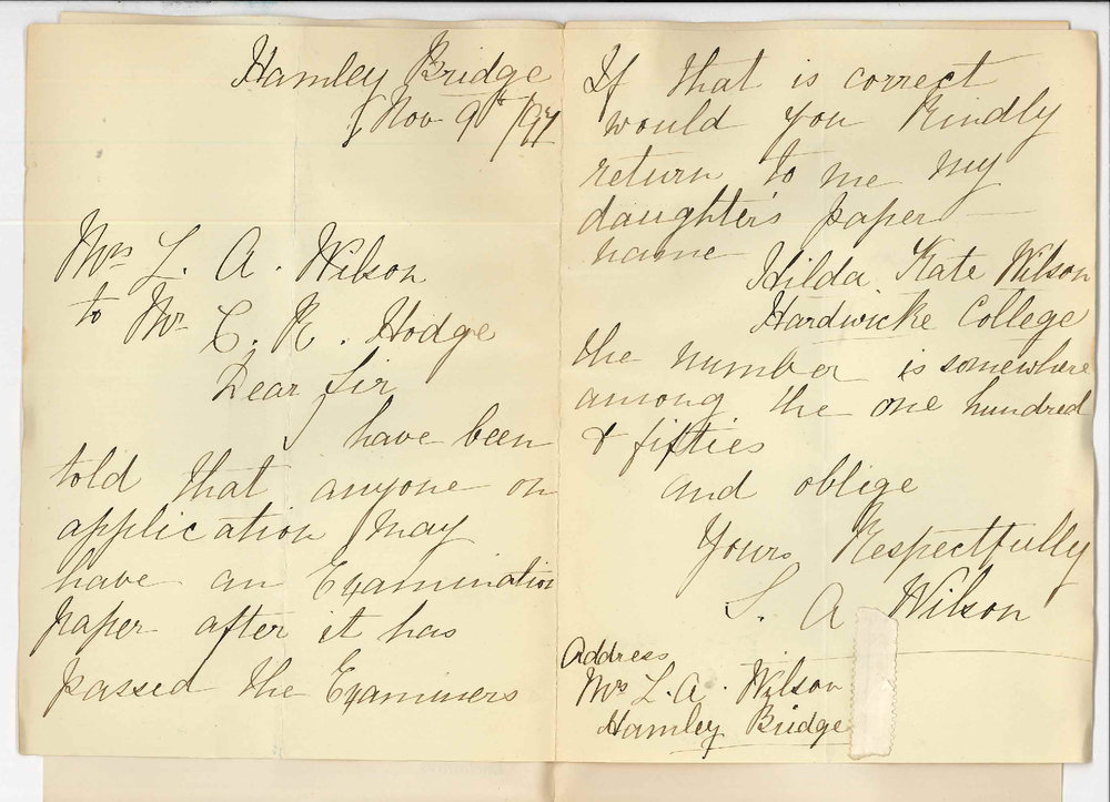 Mrs S A Wilson - Hamley Bridge - Asking for Exam Papers in Theory of Music for Hilda Kate Wilson