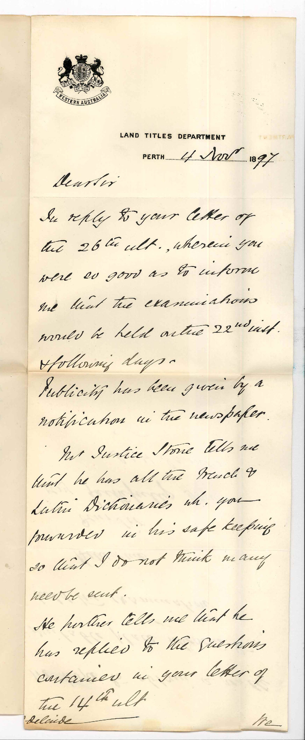 J C H James - Lands Titles Department - Perth - Regarding Exam at Perth