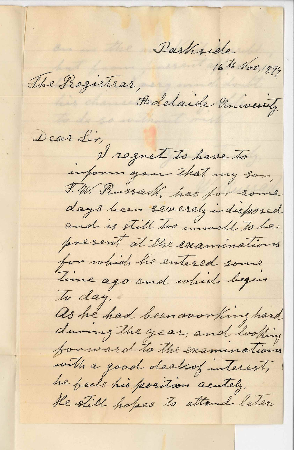 W Russack - Parkside - Stating that Mr Frederick William Russack unable to attend Examinations owing to illness