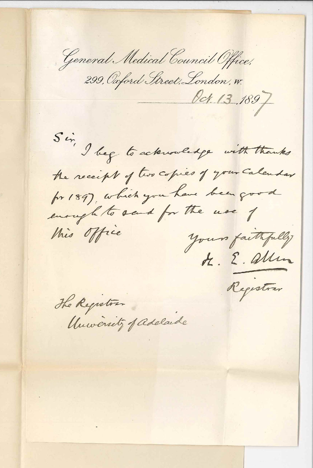 H E Allen - Registrar - General Medical Council Office - London - Thanks for two copies of Calendars