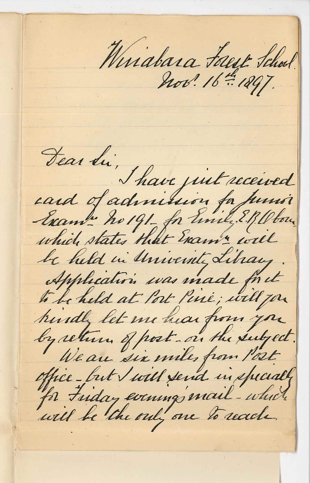 Thomas Symons Oborn - Wirrabara Forest - Asking if Emily E R Oborn could be examined at Port Pirie Junior Public