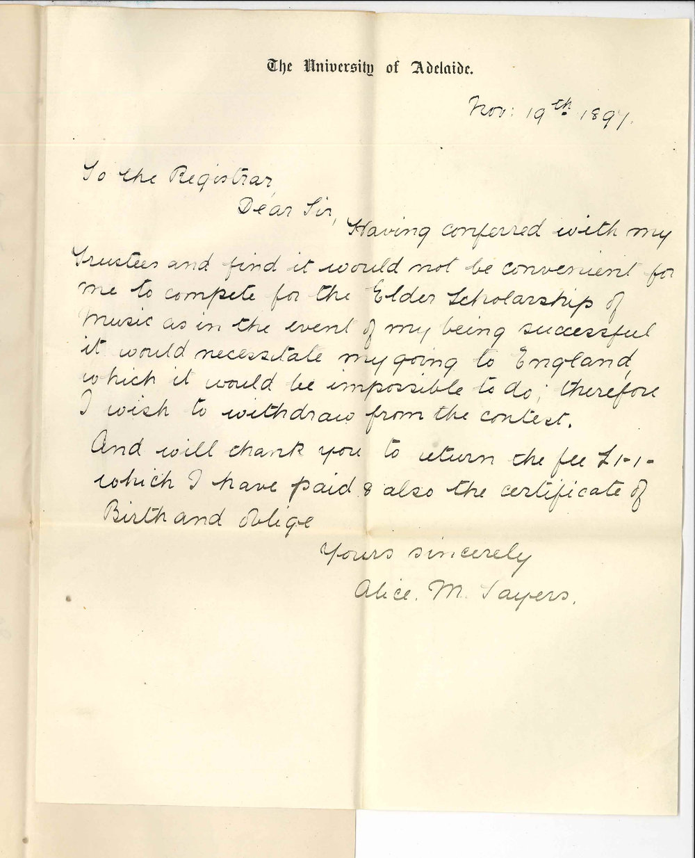 Miss Alice M Sayers - The University - Withdrawal from Elder Scholarship Competition