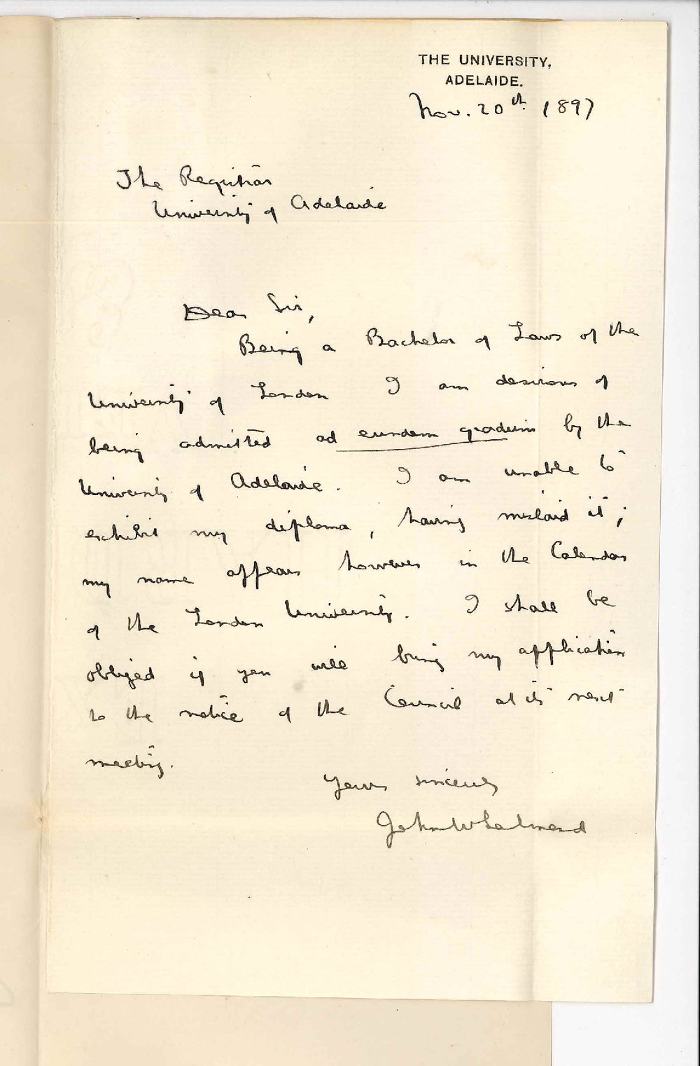 John William Salmond LLB - The University - Request for admission ad eundem gradum