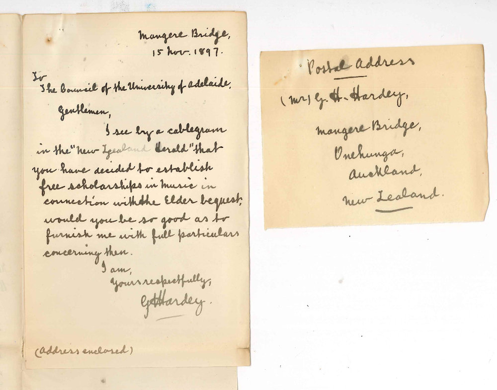 G H Hardey - Mangere Bridge - Auckland New Zealand - Asking for full particulars regarding free Scholarships in the Conservatorium of Music