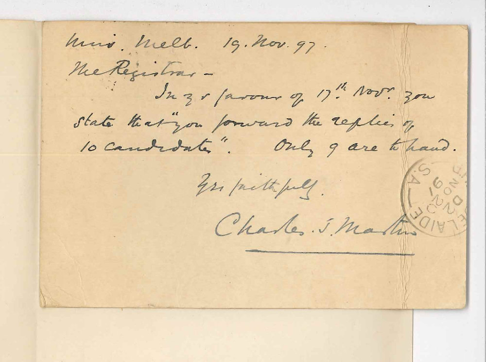 Charles J Martin - University of Melbourne - Received only nine replies from candidates