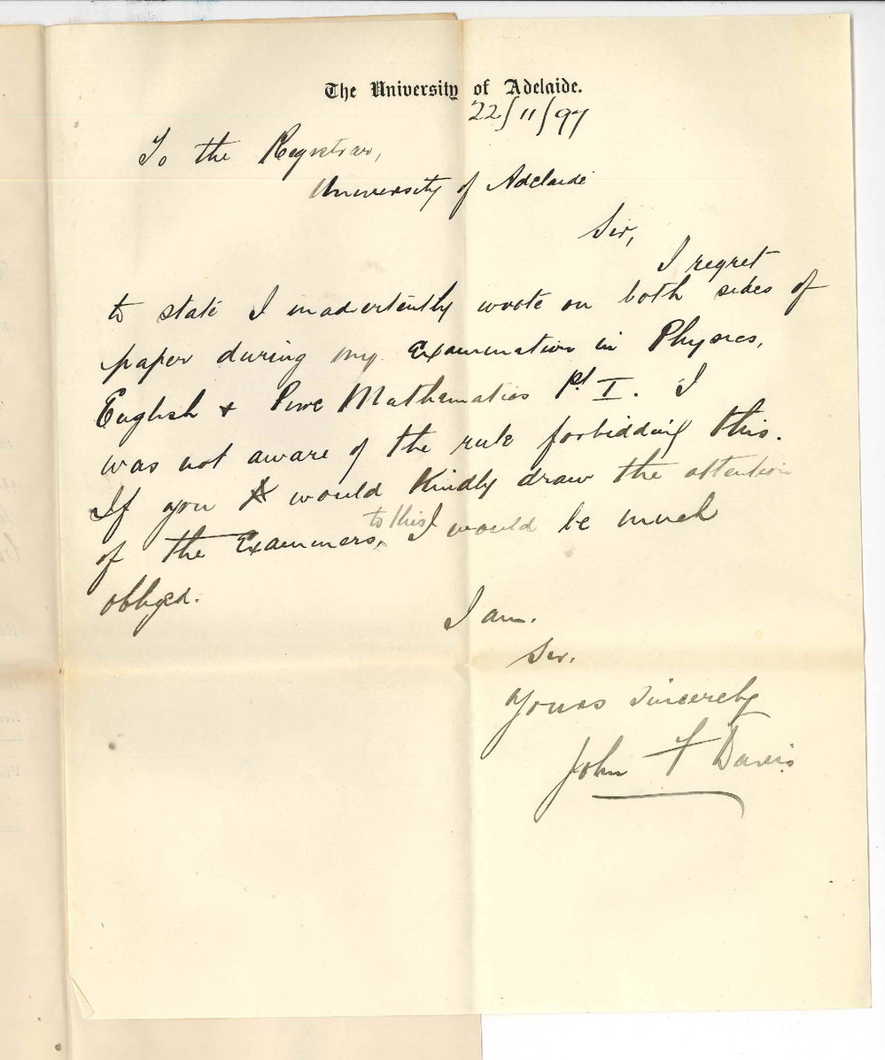 John F Davis - The University - Request for Examiners attention to be called to fact that he inadvertently wrote on both sides of paper