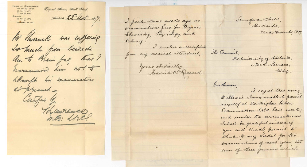 Frederick W Russack - Parkside - Unable to sit for Examination owing to illness - Asks for fees to be placed to credit for future examination