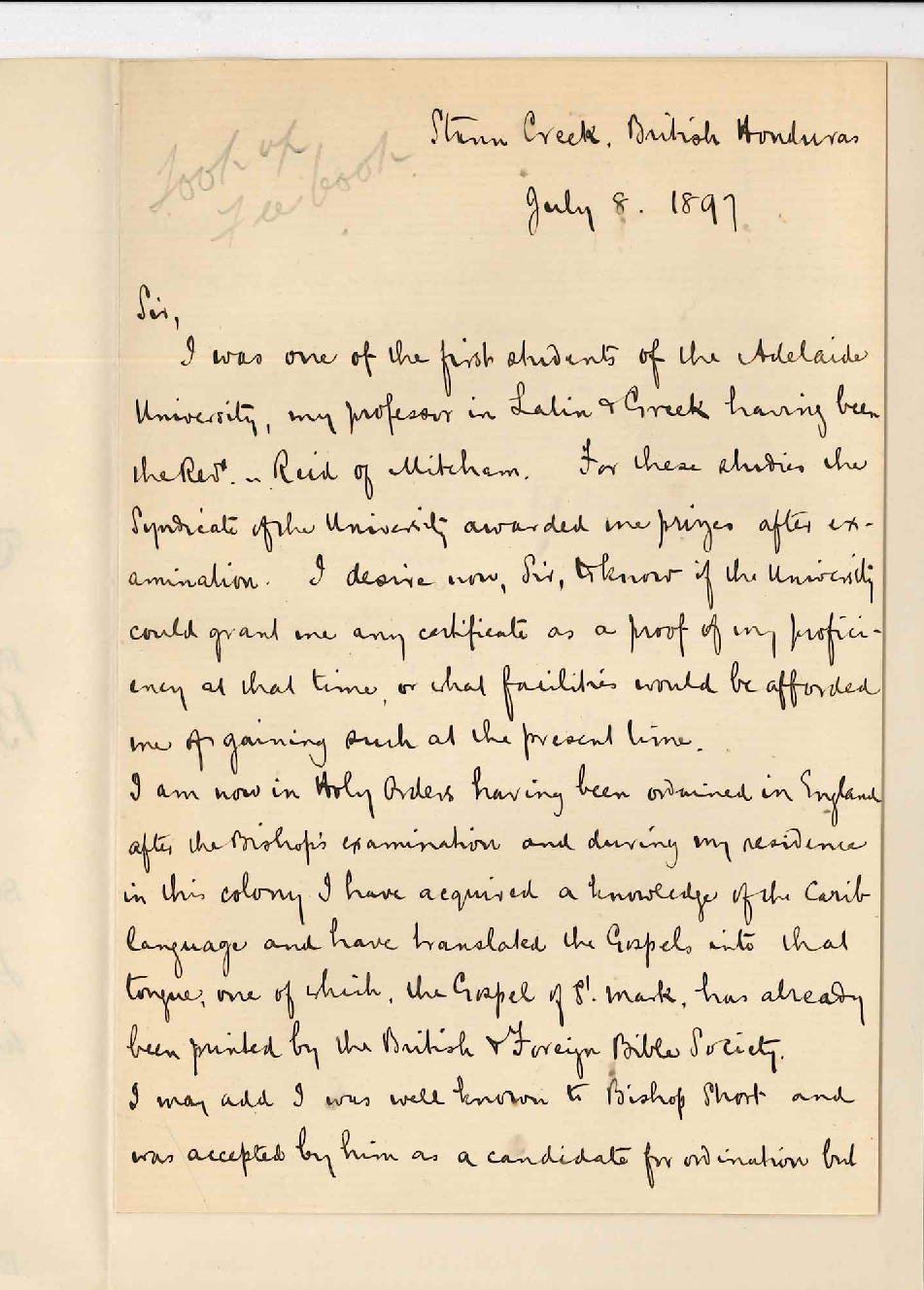 Reverend J F Laughton - British Honduras - Asking for certificates in Latin and Greek passed in 1875 or 1876