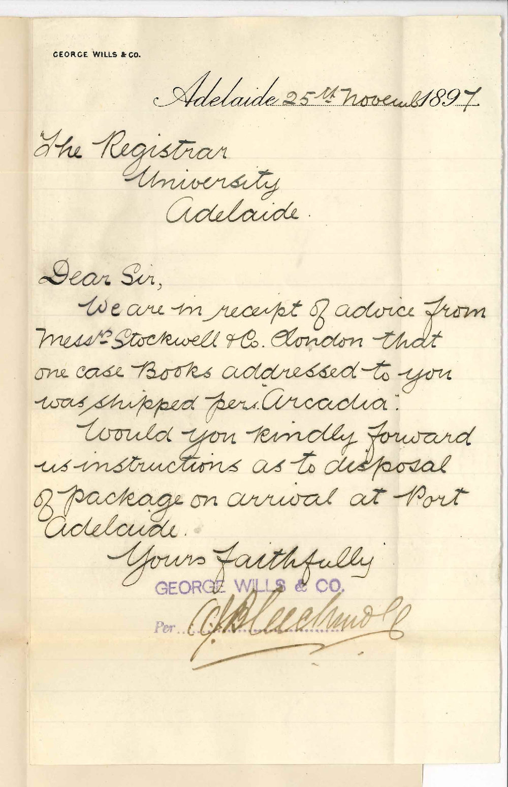 George Wills and Company - Adelaide - Advising Case Books in Arcadia and asking for instructions as to disposal