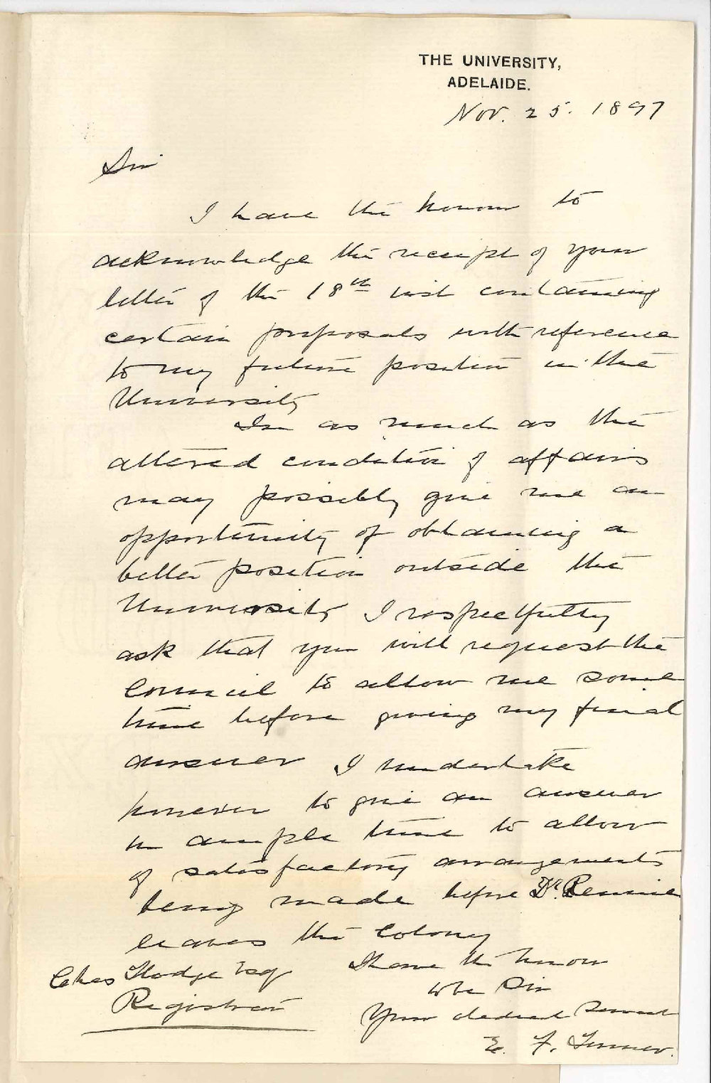 E F Turner - The University - Acknowledging offer as Assistant Lecturer on Metallurgy and asking for time before giving final answer