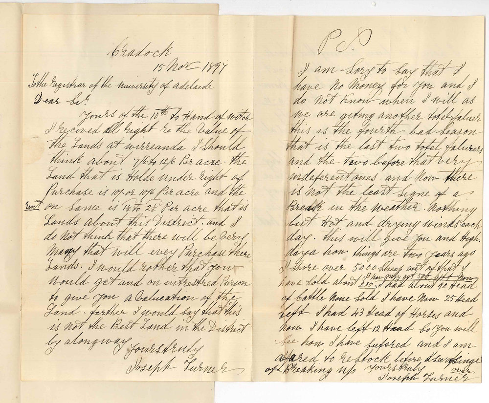 Joseph Turner - Cradock - Regarding value of University lands at Wirreanda
