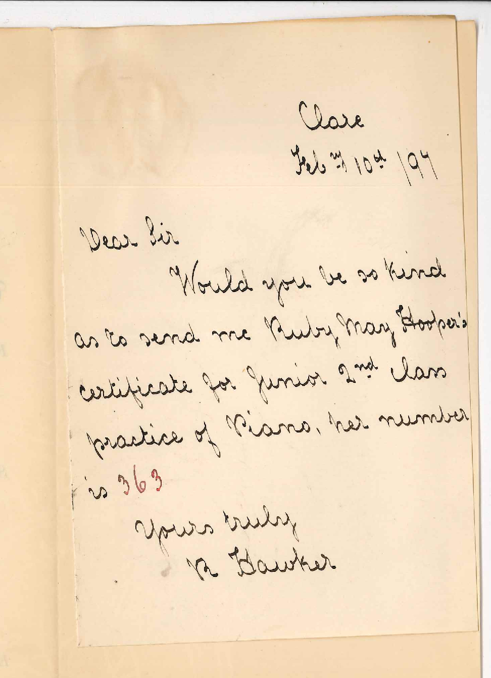 R Hawker - To send Certificate for Ruby May Hooper