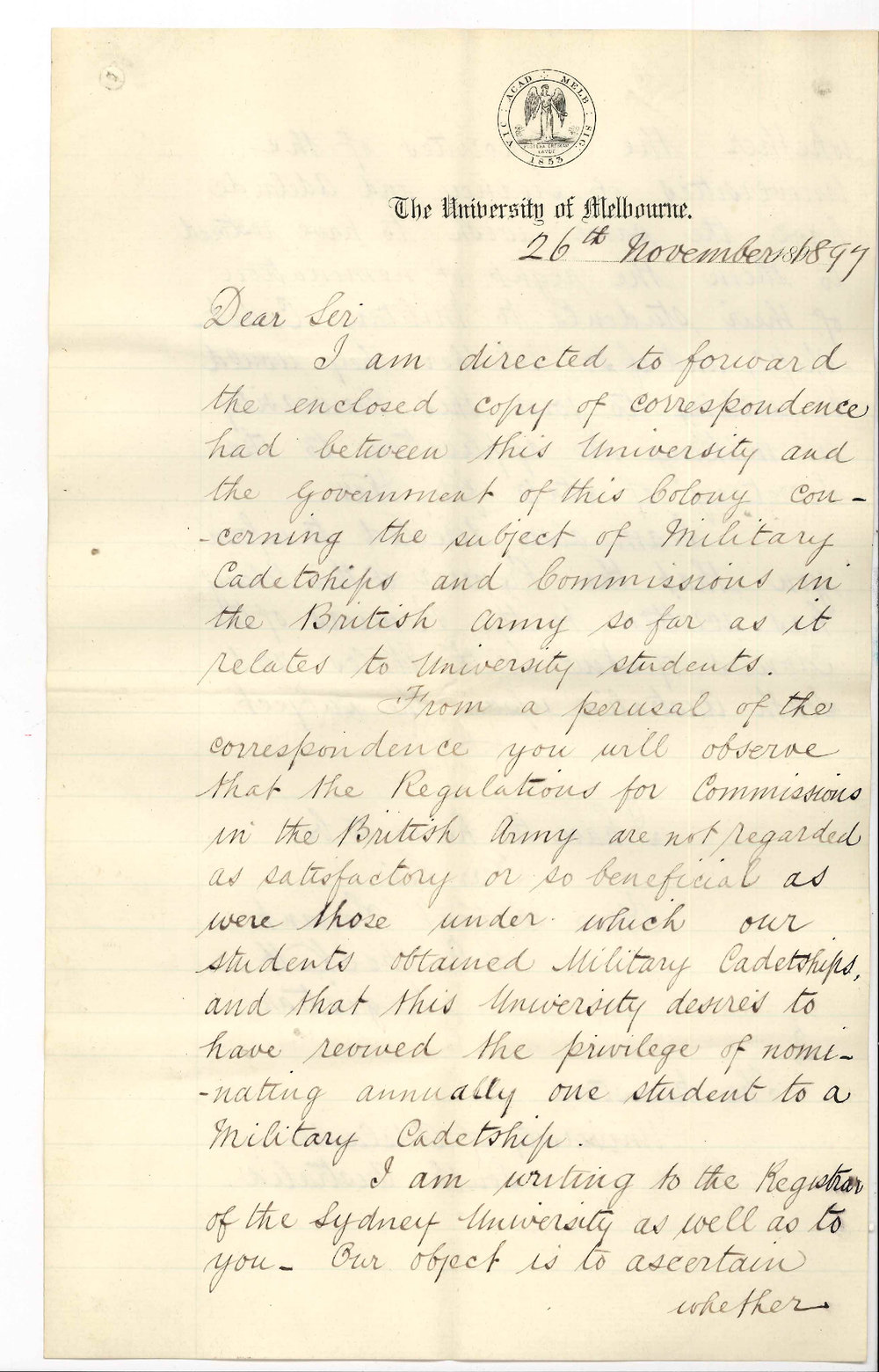 Edward Fitzhaley a'Beckett - Registrar University of Melbourne - Concerning Military Cadetships and Commissions