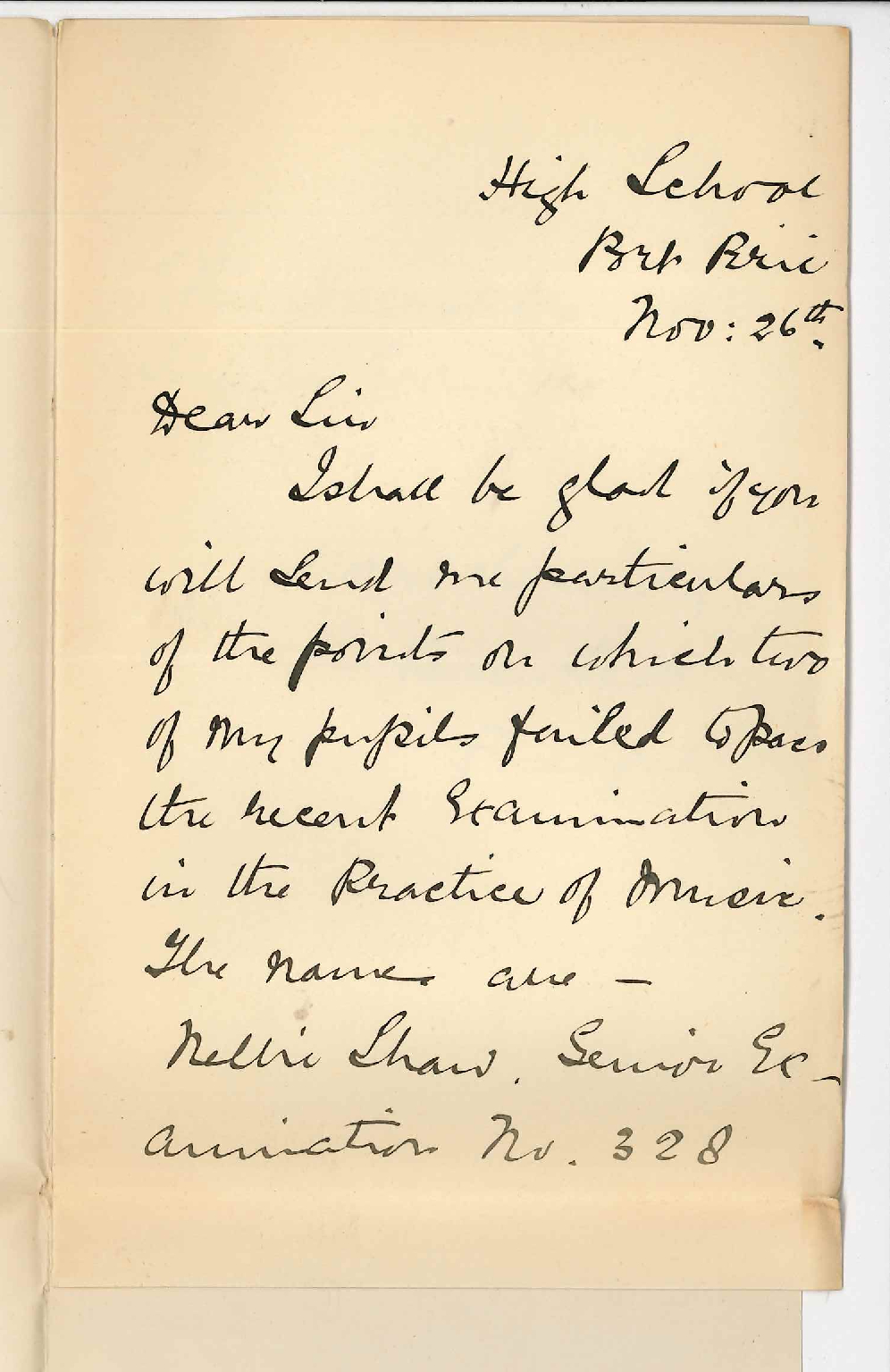 Miss Bessie Scott - High School - Port Pirie - Asking in what points 328 Senior and 479 Junior Practice of Music failed