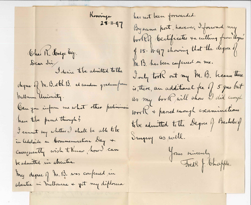 Frederic John Chapple - Kooringa - Request for admission ad eundem gradum to MB and ChB degree