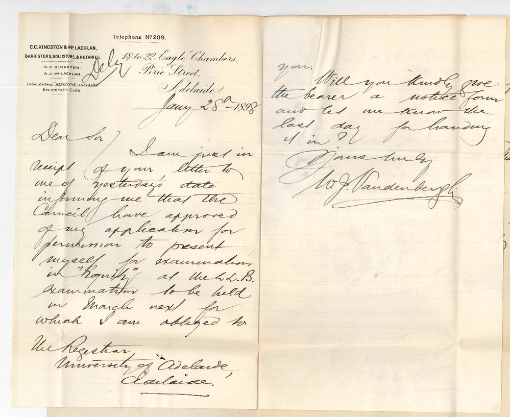 William John Vandenbergh - Adelaide - Requesting permission to sit for Equity in March 1898