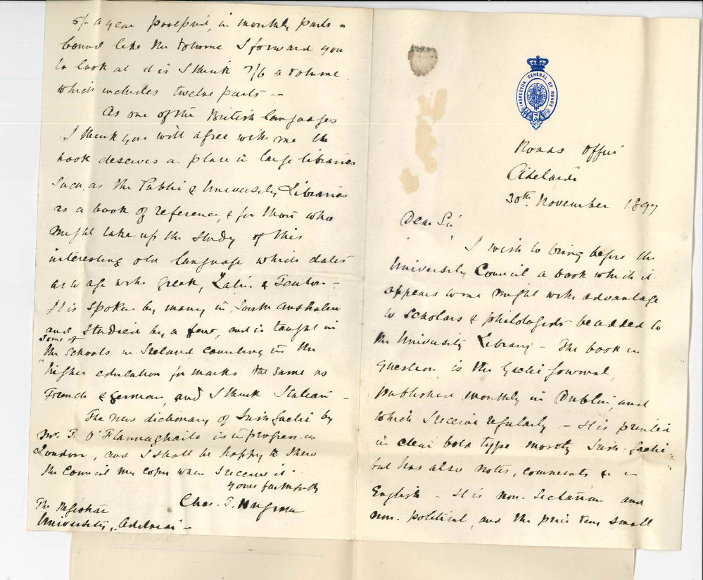 Charles T Hargreaves - Adelaide - Recommending Irish Gaelic Journal for University Library