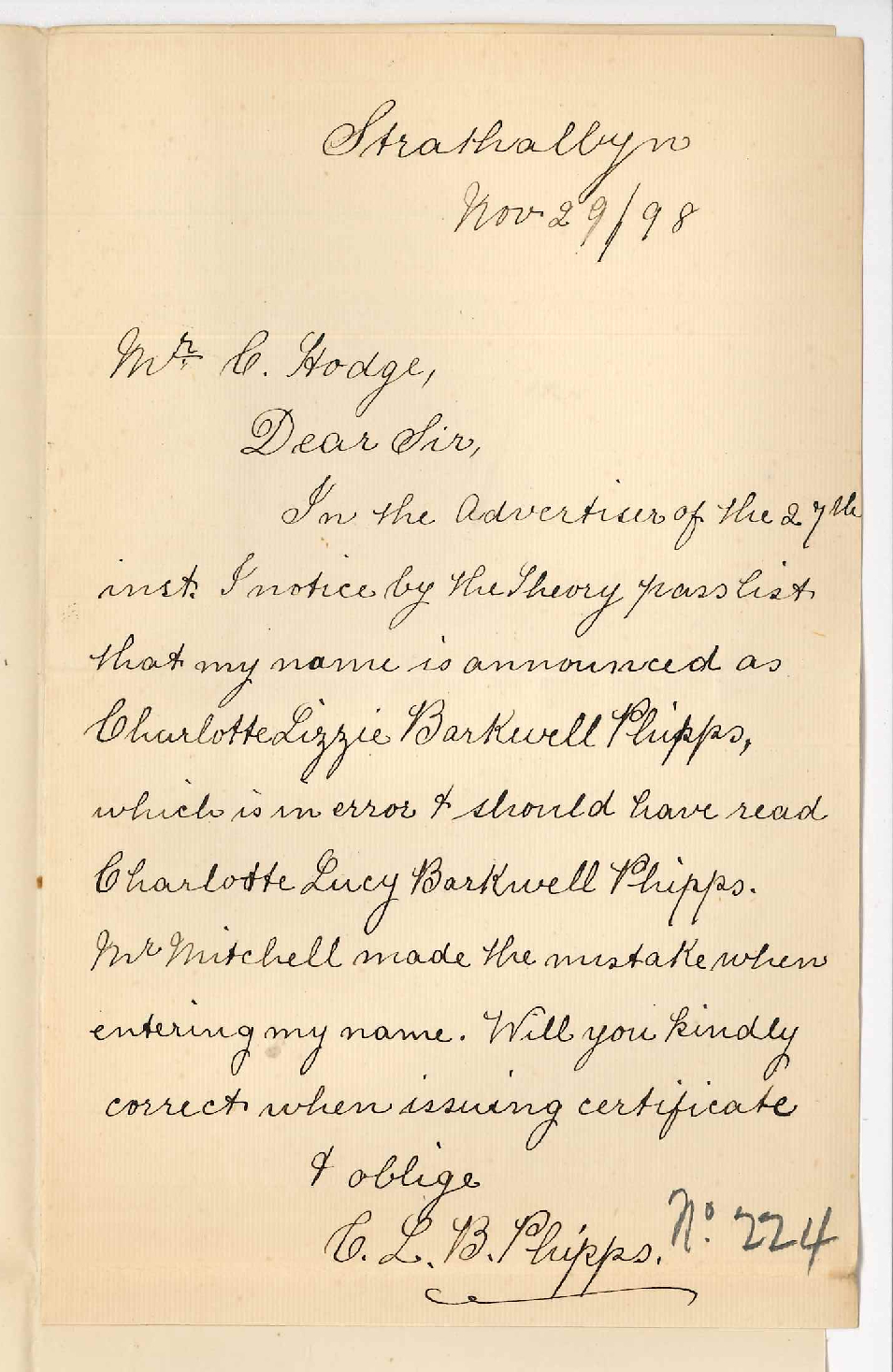Charlotte Lucy Barkwell Phipps - Strathalbyn - Calling attention to mistake in name