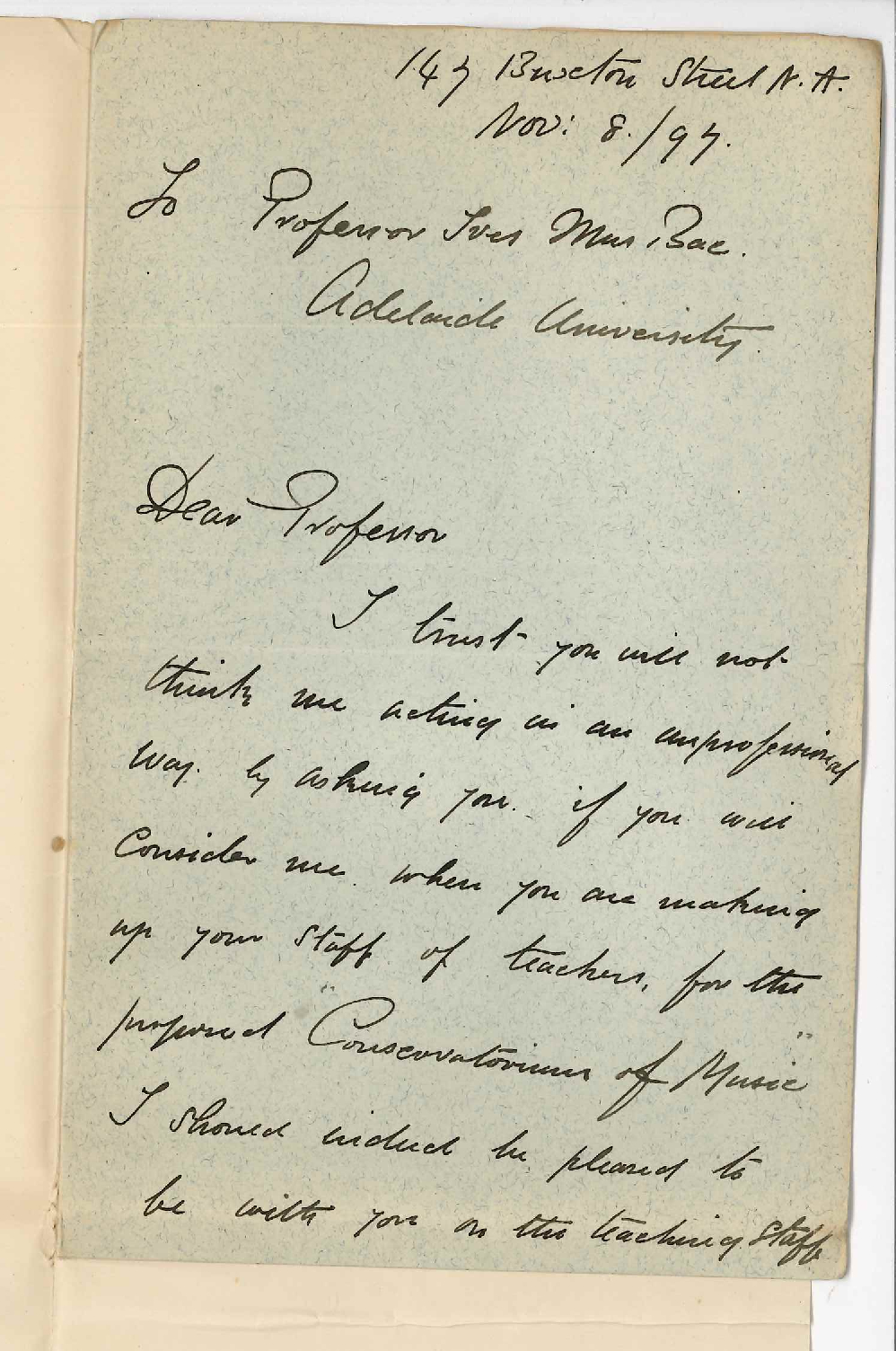 E H Wallace Packer - Buxton Street North Adelaide - Application for position in Conservatorium