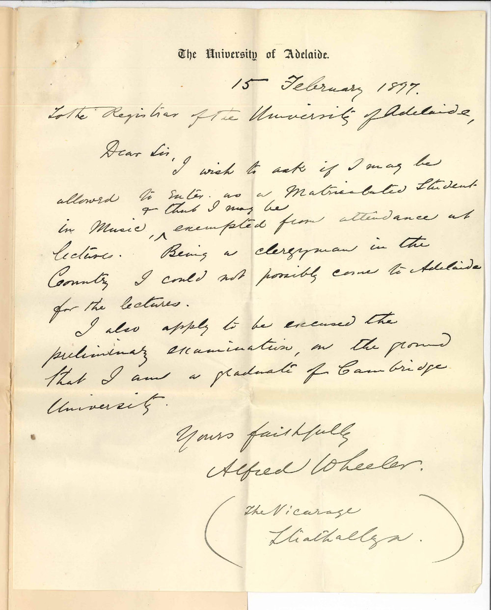 Alfred Wheeler - To be enrolled as a Matriculated Student in Music and exempted from Lectures