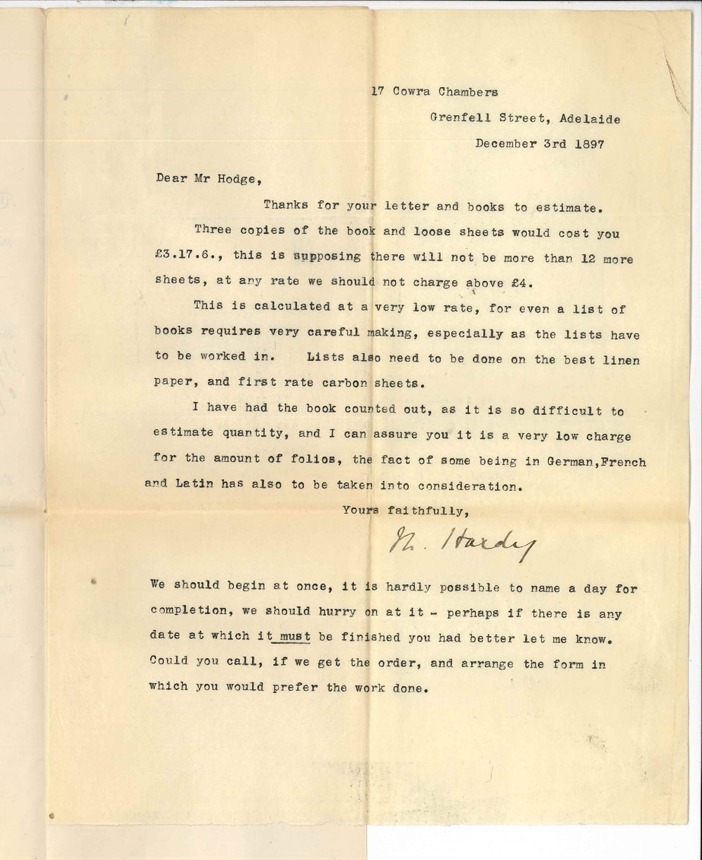 Miss N Hardy - Adelaide - Quotation for Typewriting Catalogue of Library
