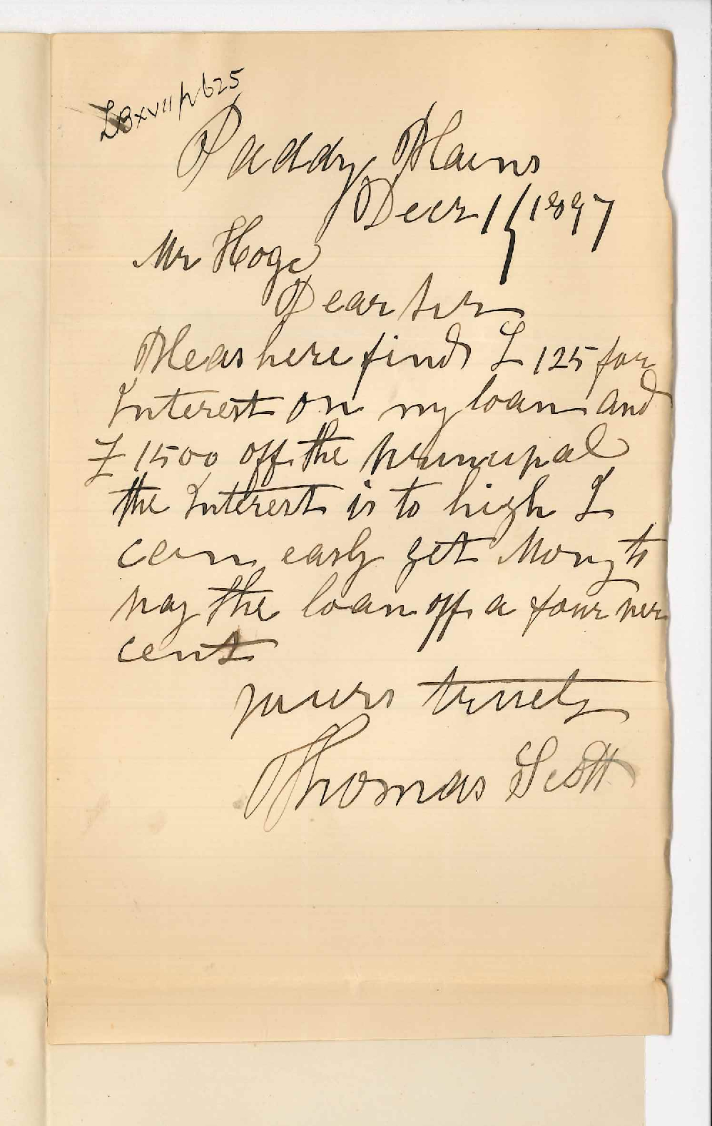 Thomas Scott - Paddys Plains - Paying interest &pound;125 and &pound;1500 off the principal