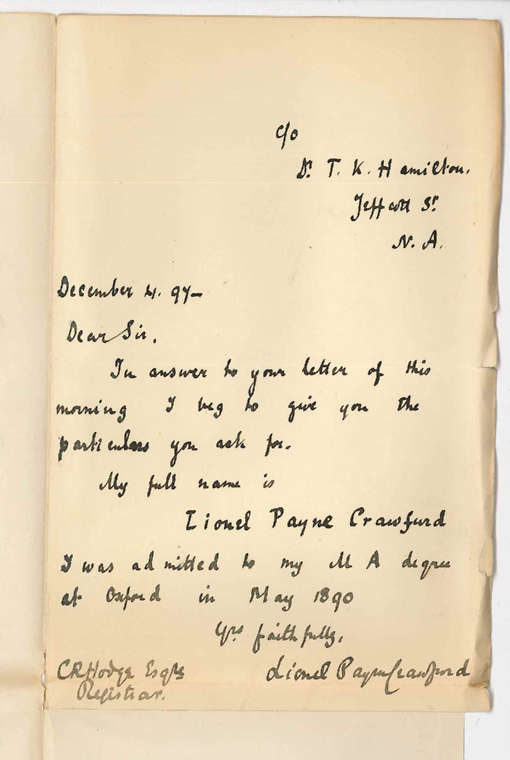 Reverend Lionel P Crawford - Jeffcott Street North Adelaide - Furnishing particulars of MA Degree