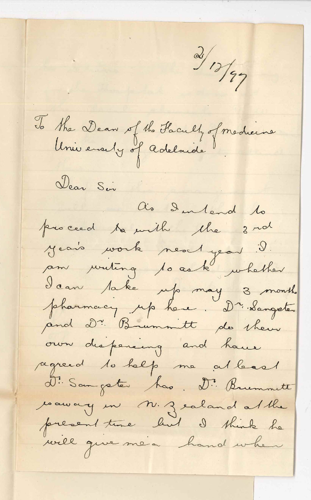 James B Lewis - Kooringa - Asking if he may take up his three months Pharmacy at Kooringa