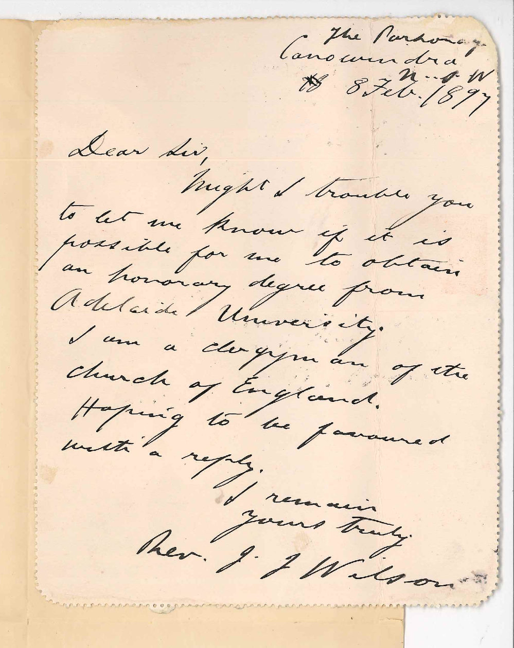 Reverend J J Wilson - Canowindra NSW - On obtaining an honorary degree from the University