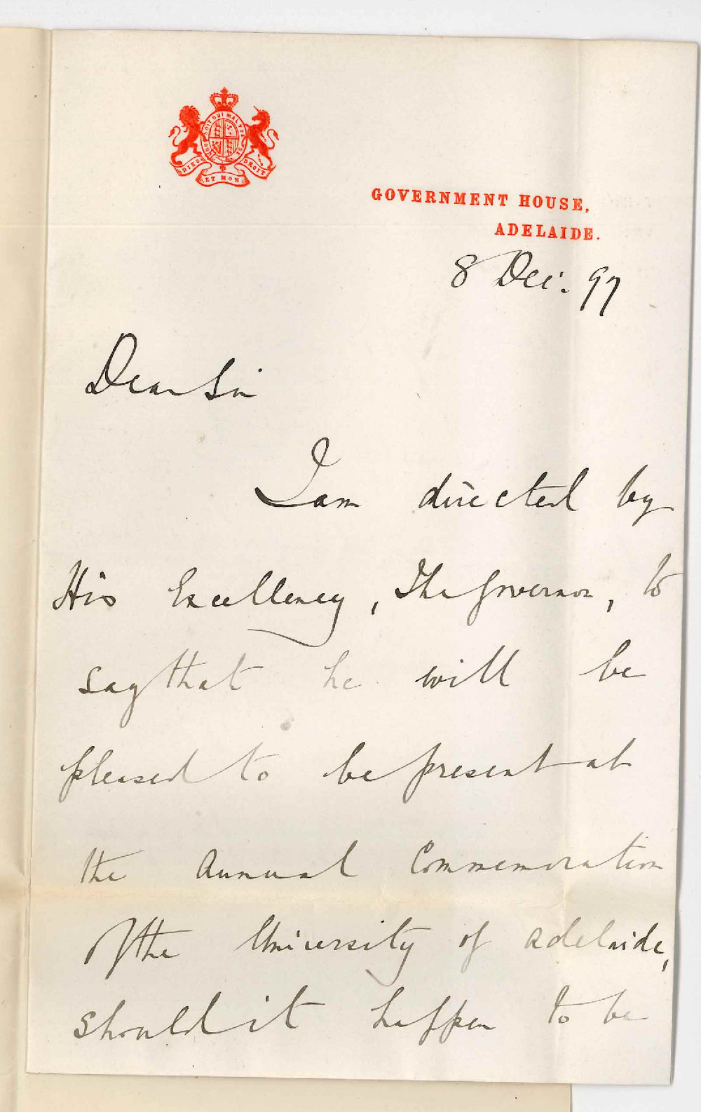 Edward William Wallington - Private Secretary - Government House - That His Excellency will be present at the Commemoration if it should happen to be in the afternoon