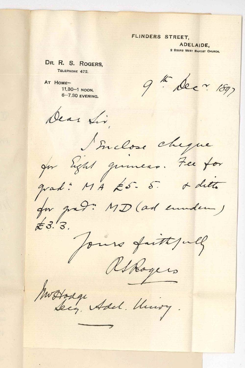 Dr Richard Sanders Rogers - Adelaide - Enclosing fees for MA and MD