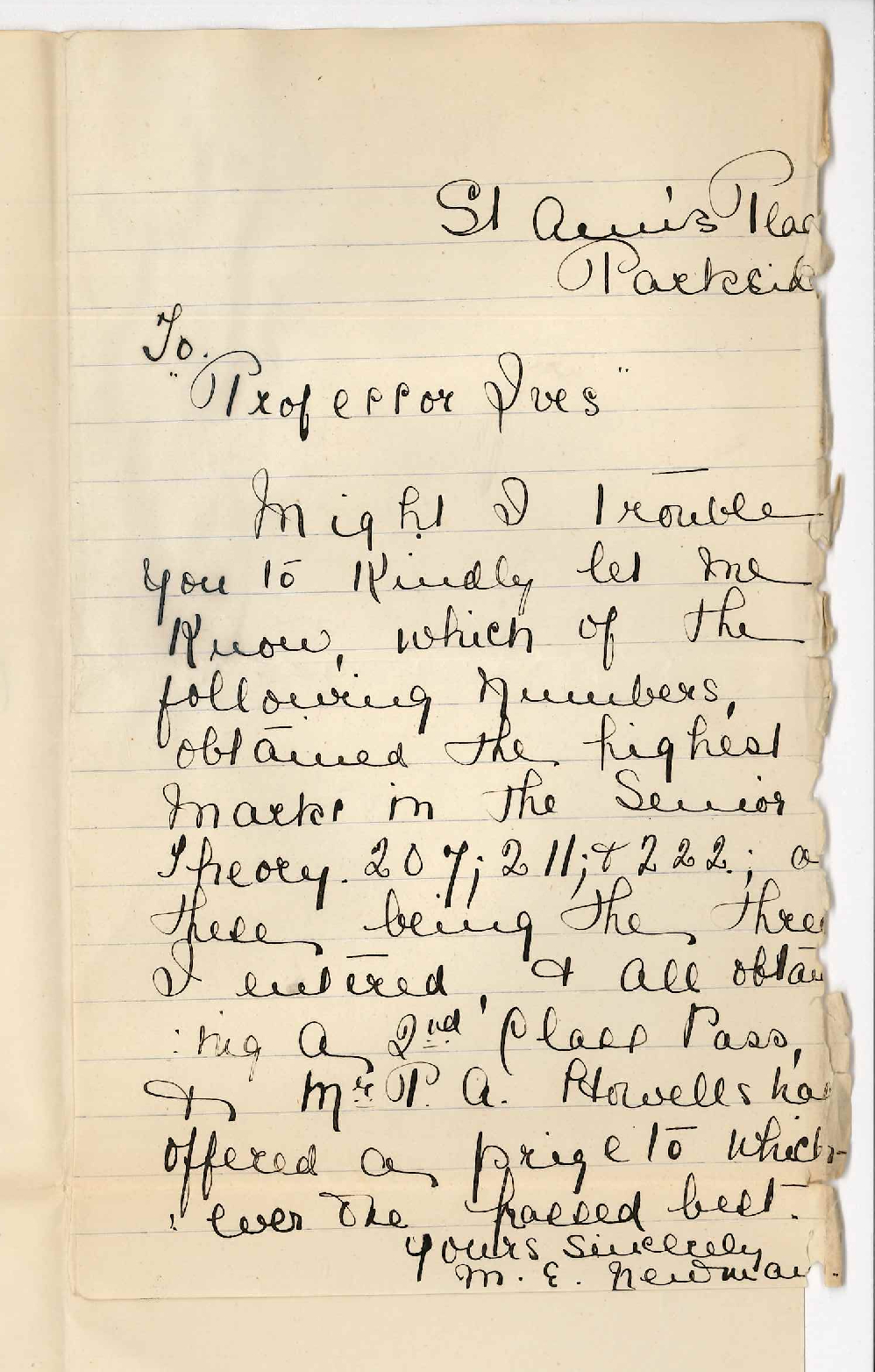 Miss Maude Evelyn Newman - Parkside - To Professor Ives - Which candidate obtained highest number of marks 207 211 222 Senior Theory