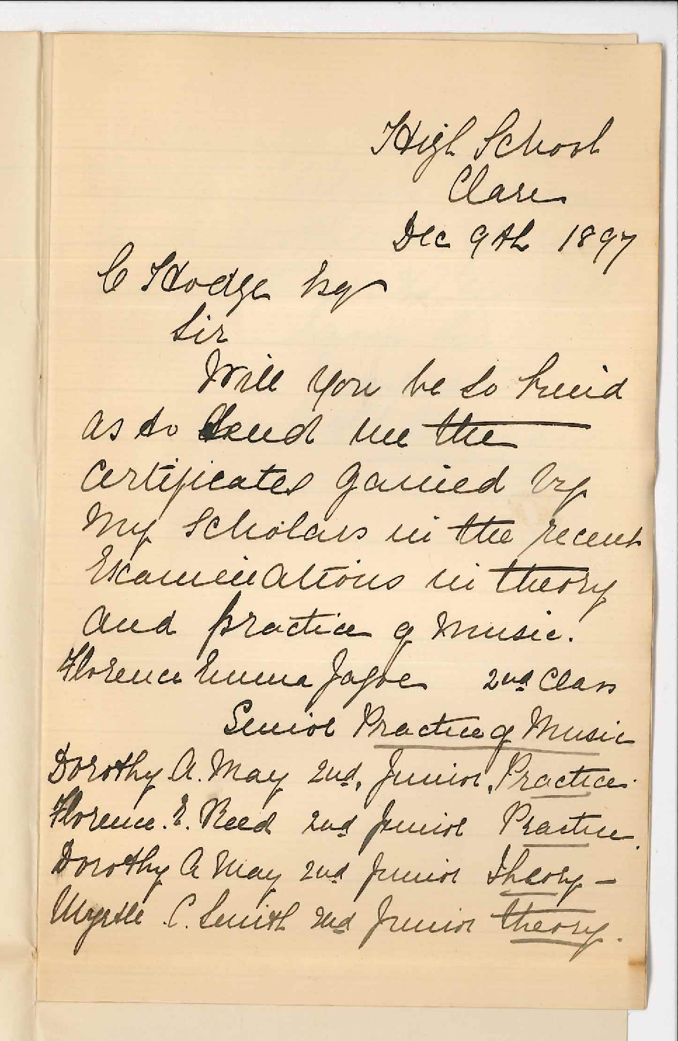 Frances E Barnard - High School Clare - Request for Music Certificates