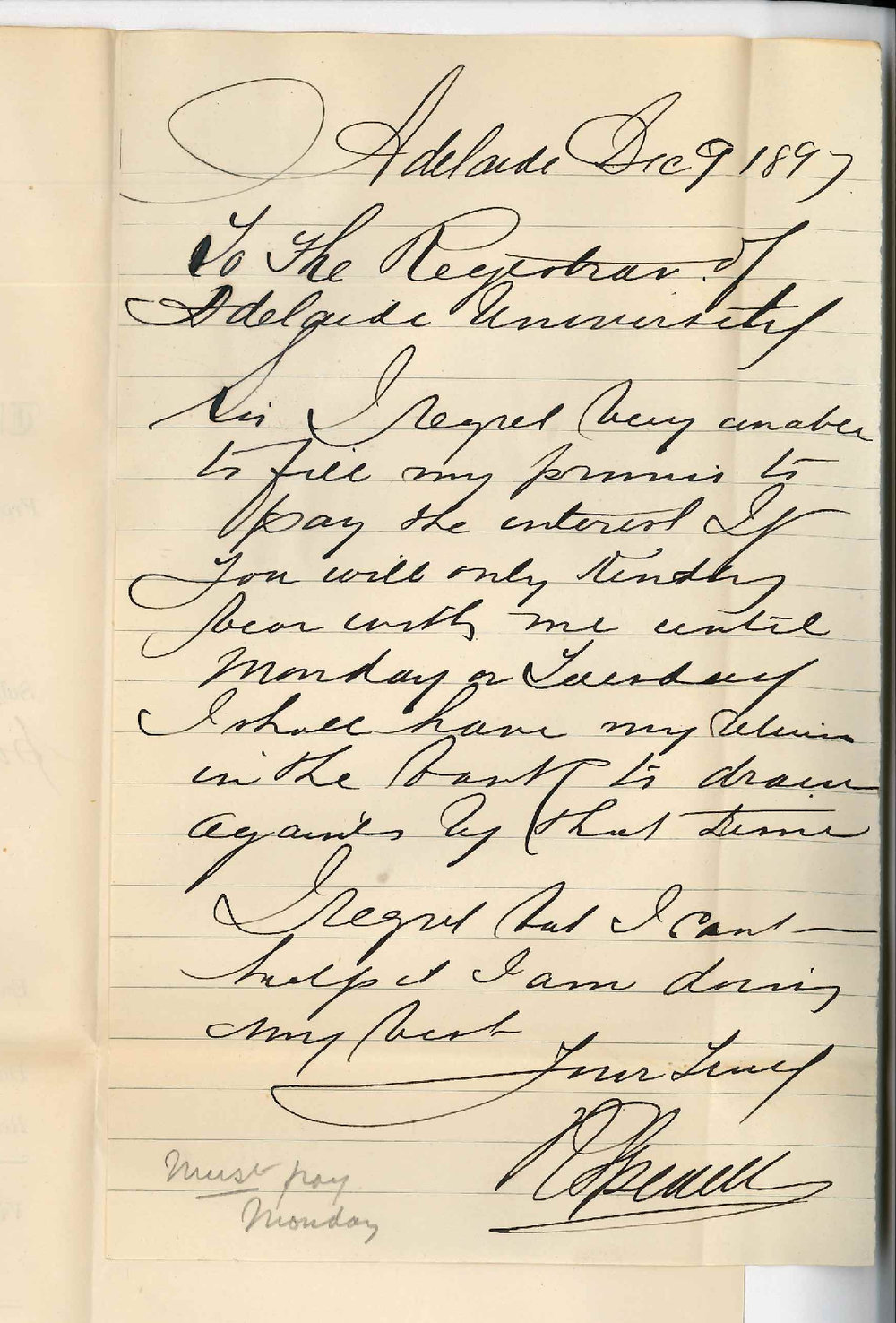 R Spencer - Union Street - Regrets inability pay interest at present