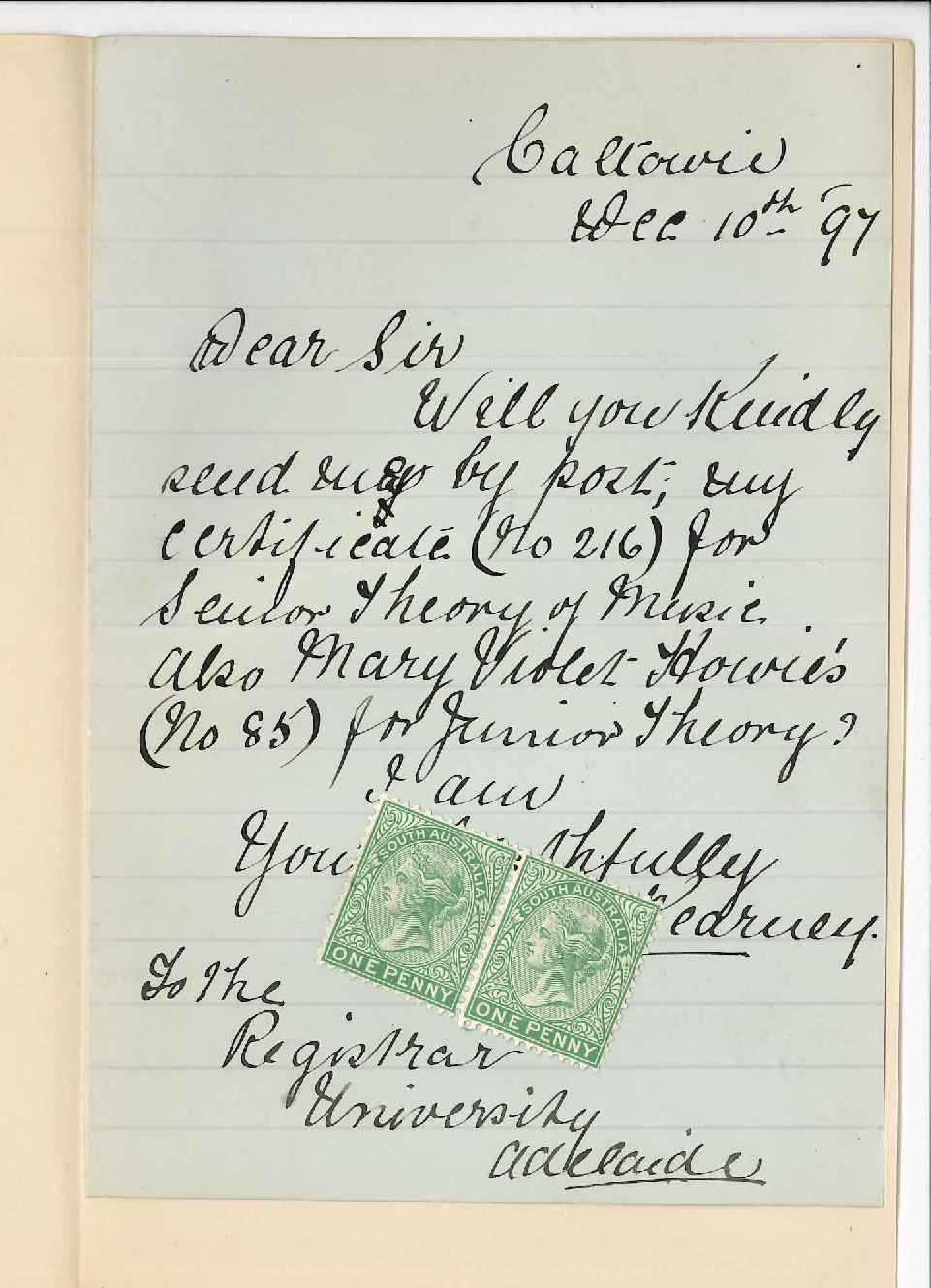 Alice Kearney - Caltowie - Request for Theory Certificates Senior 216 Junior 85