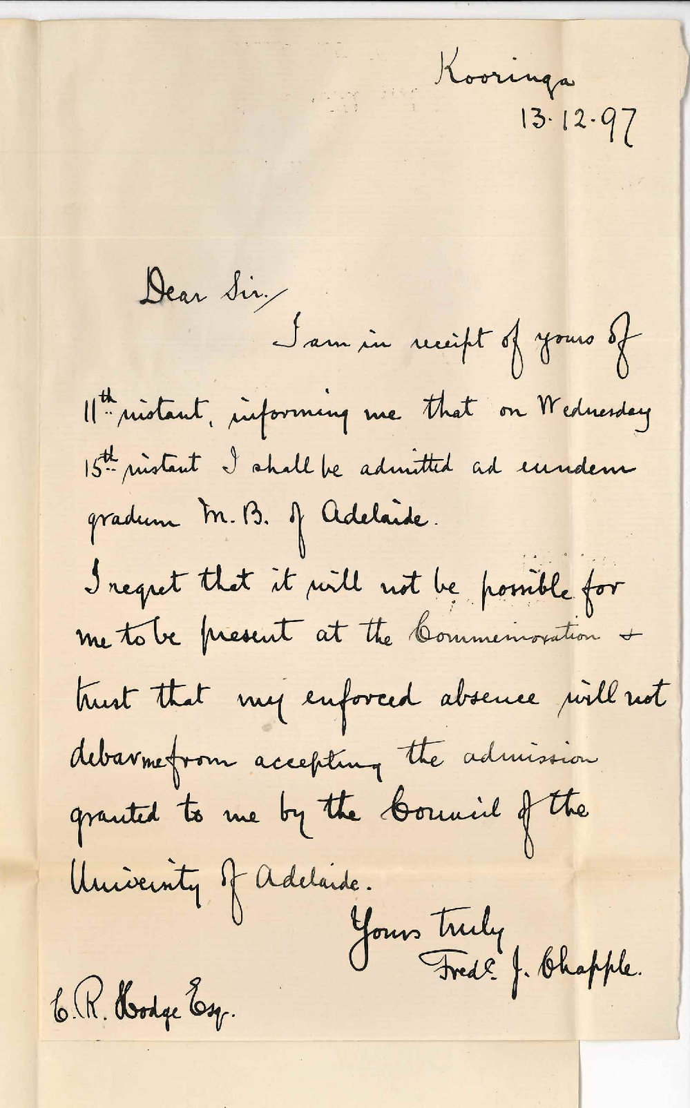 Frederic John Chapple - Kooringa - Cannot be present at Commemoration to receive MB Degree