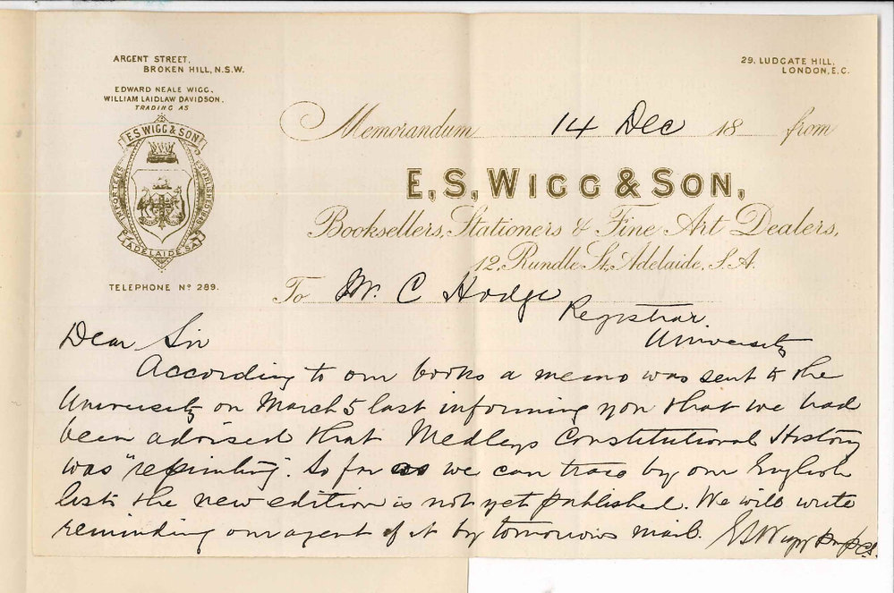 E S Wigg and Son - Rundle Street Adelaide - Regarding Medleys Constitutional History