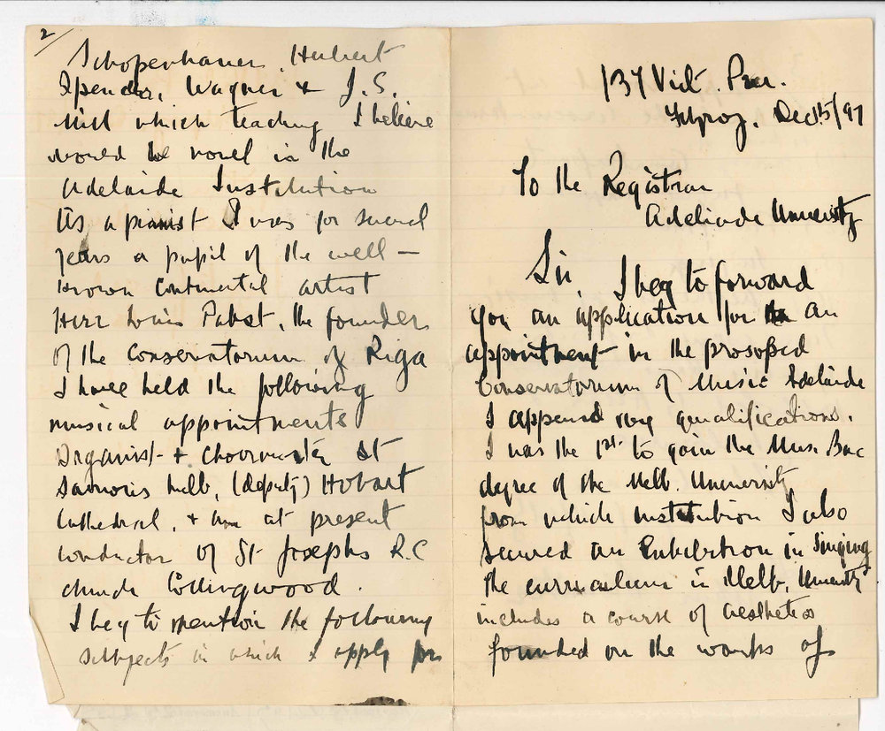 Arthur Chanter - Victoria Parade Fitzroy - Application for the position on Teaching Staff Conservatorium Singing Pianoforte etc