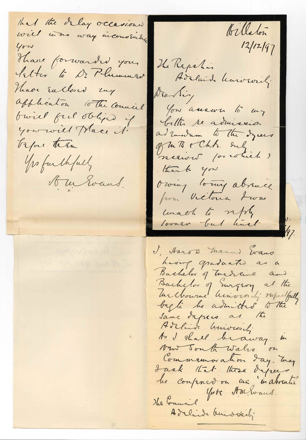 Harold N Evans - Willston - Request for admission MB ChB ad eundem in absentia