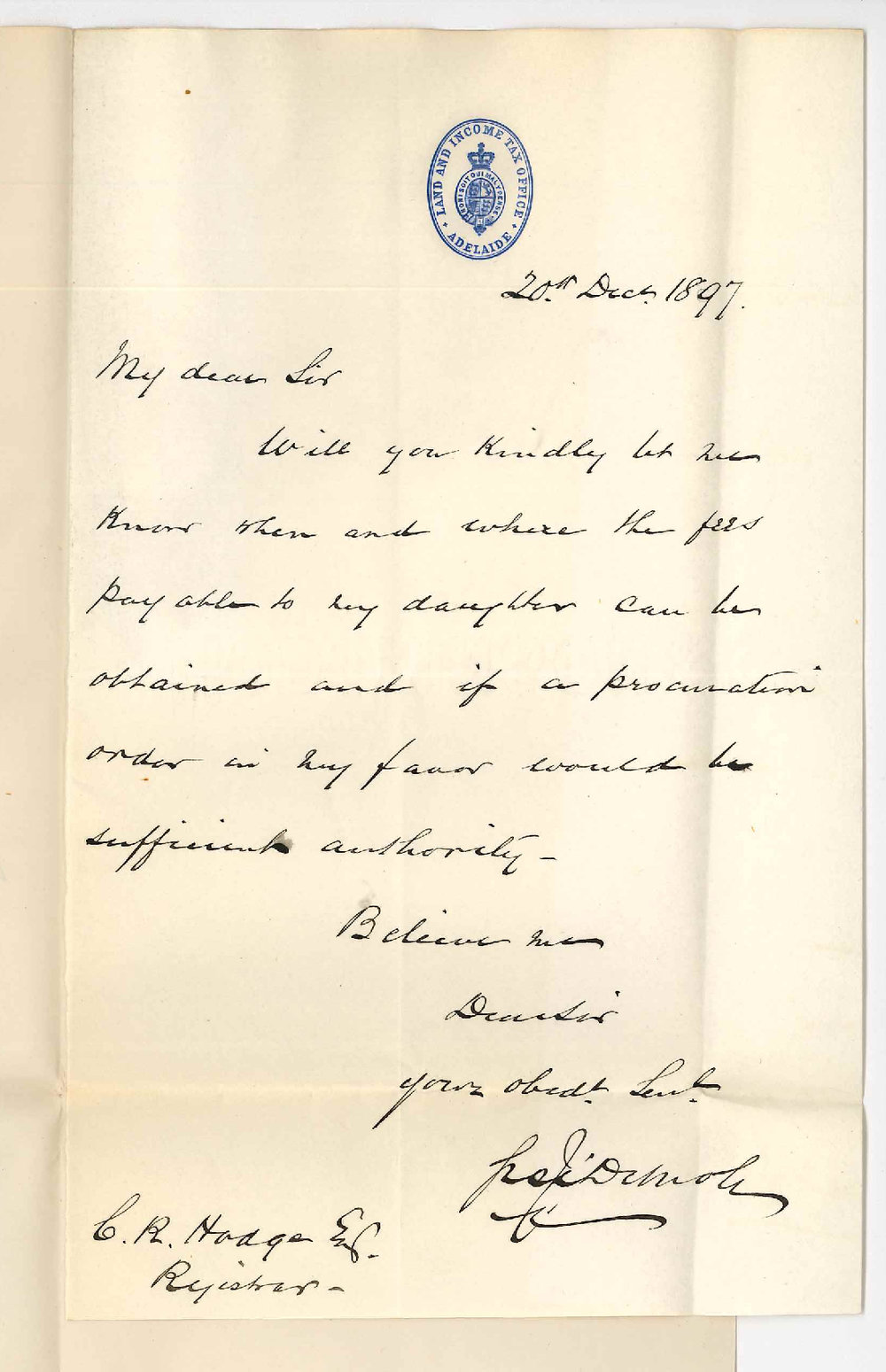 G F de Mole - Adelaide - Asking when and where daughters fees are payable